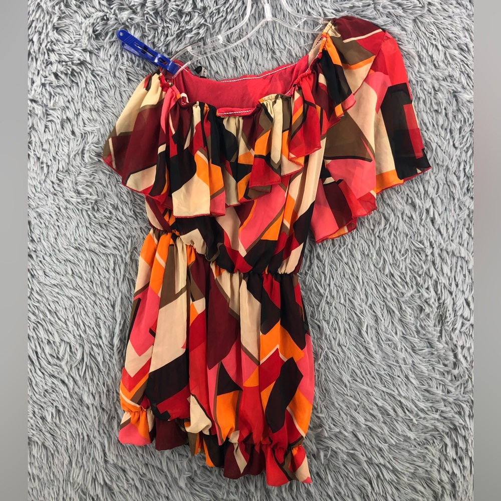 Double Zero Blouse Women Medium One Shoulder Ruffled Cinch Waist Hem Colorblock